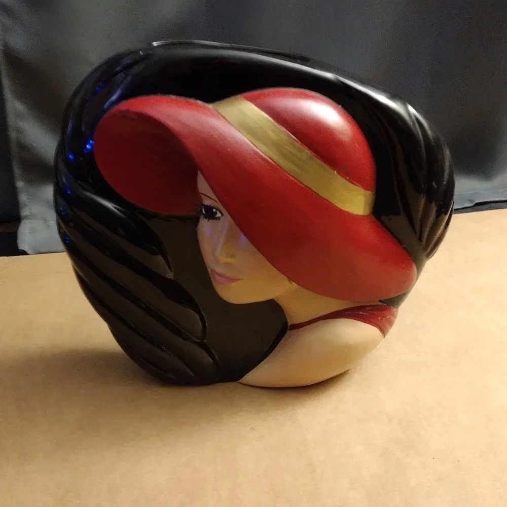 Red Woman in Black Hat Ceramic Vase